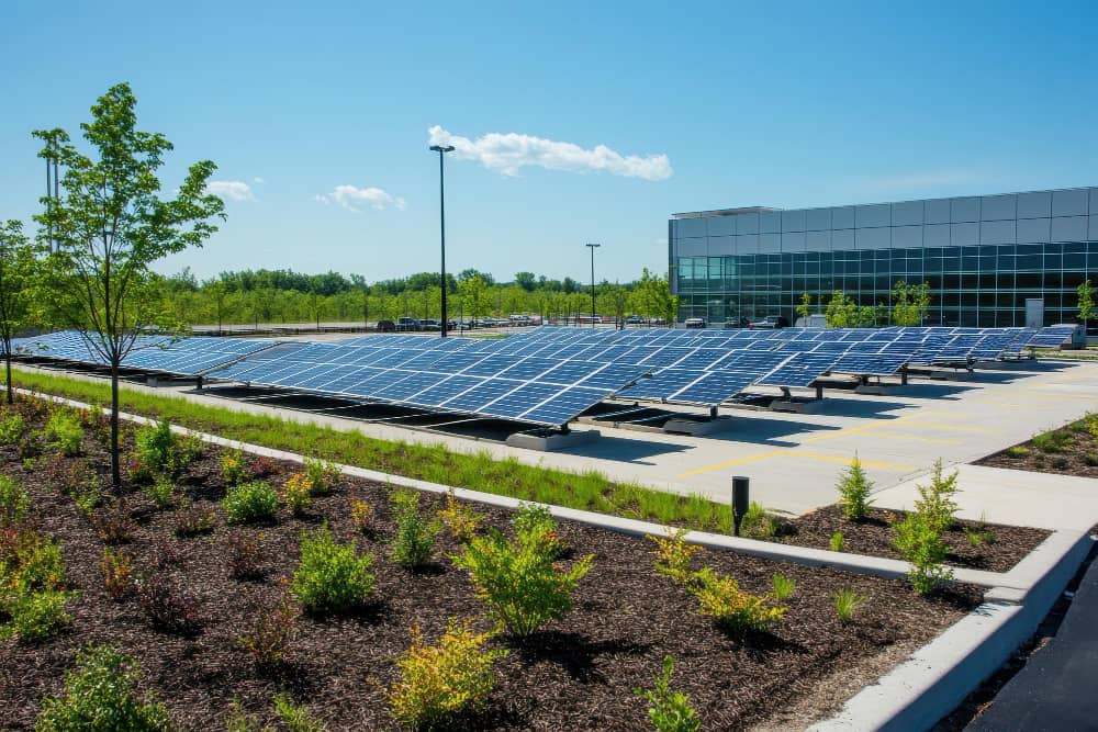 Industrial rooftop solar panels on a factory